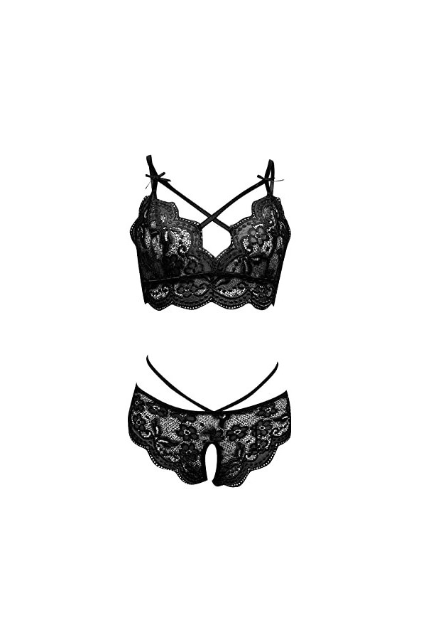 Générique Femmes Sexy Dentelle Lingerie Culotte Deux Pièces Fleur Voir À Travers Ensemble Lingeries Coquines Et Sexy Black, 