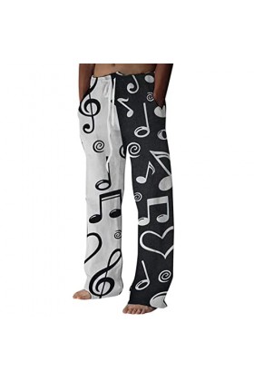 Gefomuofe Pantalon en lin pour homme - Coupe longue - Aspect lin - Avec poches - Cordon de serrage imprimé en 3D - Poche à la