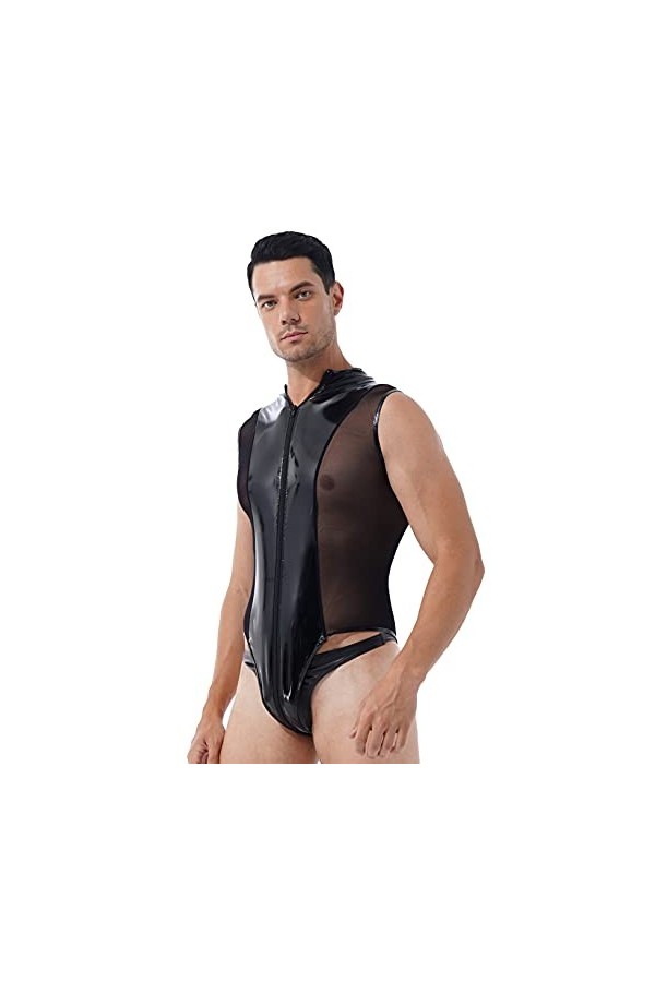 Kaerm Body Sexy Homme Combinaison String T-Shirt Latex Cuir Verni Métallisés Débardeur Top Brillant sans Manche Clubwear Ling