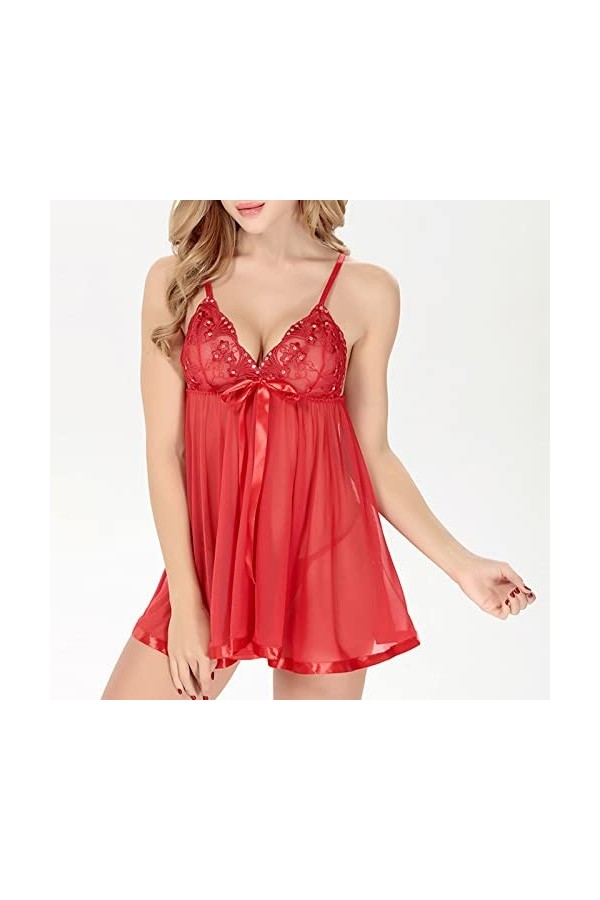 PANPANY Femmes Sexy Dentelle Flower Sleepwear Robe Soie Lingerie Nuit de Nuit sous-vêtements Lingerie Lou Red, M 