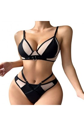 Sexy Spicy Girls Night Club Splicing Double Layer Sexy Sous-vêtements Costume 3 pièces pour femmes Ados Lingerie, Noir , M