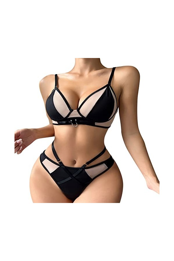 Sexy Spicy Girls Night Club Splicing Double Layer Sexy Sous-vêtements Costume 3 pièces pour femmes Ados Lingerie, Noir , M