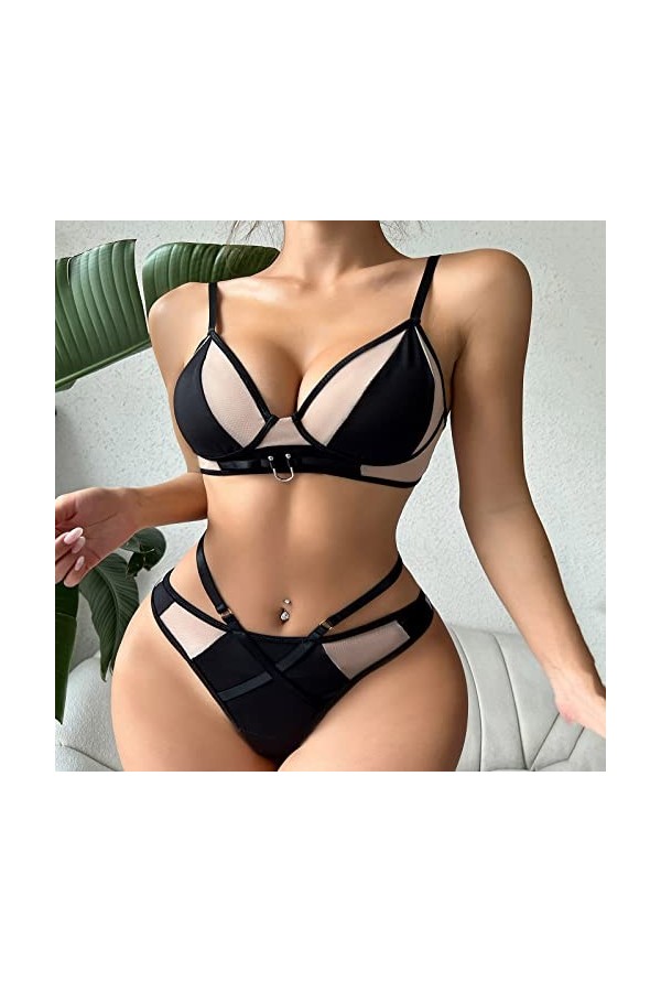 Sexy Spicy Girls Night Club Splicing Double Layer Sexy Sous-vêtements Costume 3 pièces pour femmes Ados Lingerie, Noir , M