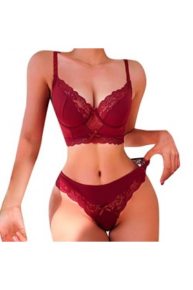 SexySheer Ensemble de pyjama en dentelle florale Taille haute Soutien-gorge et slip Slip Sexy Lingerie avec ouverture, rouge,
