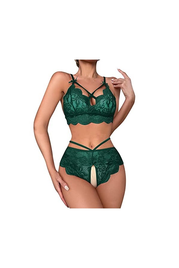 Générique Femmes Sexy Dentelle Lingerie Culotte Deux Pièces Fleur Voir À Travers Ensemble Lingeries Coquines Et Sexy Green, 
