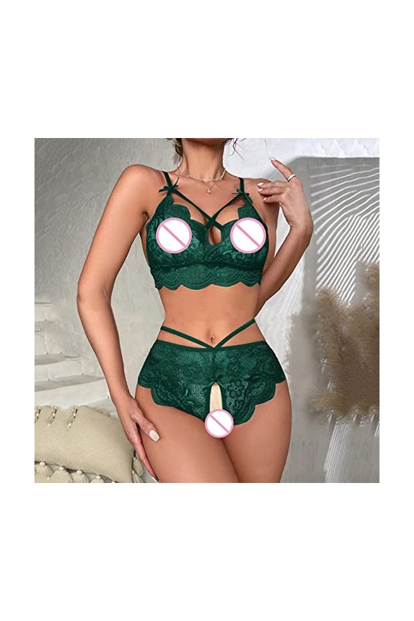 Générique Femmes Sexy Dentelle Lingerie Culotte Deux Pièces Fleur Voir À Travers Ensemble Lingeries Coquines Et Sexy Green, 