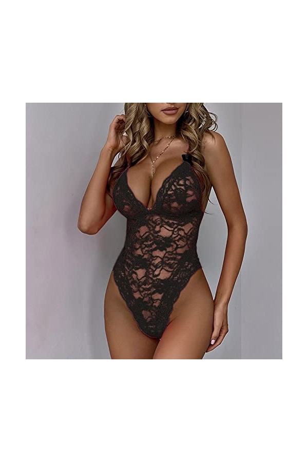 IQYU Bodysuit sexy sexy en dentelle à la mode Sous-vêtements pyjamas Anneau en acier Bretelles Push Bustier Femme, Noir , S