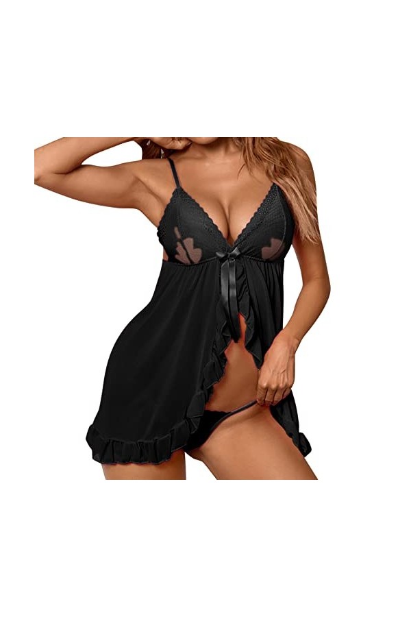 Ensemble de lingerie en maille imprimée 2 pièces avec string sexy et combinaison pour femme, Noir , S