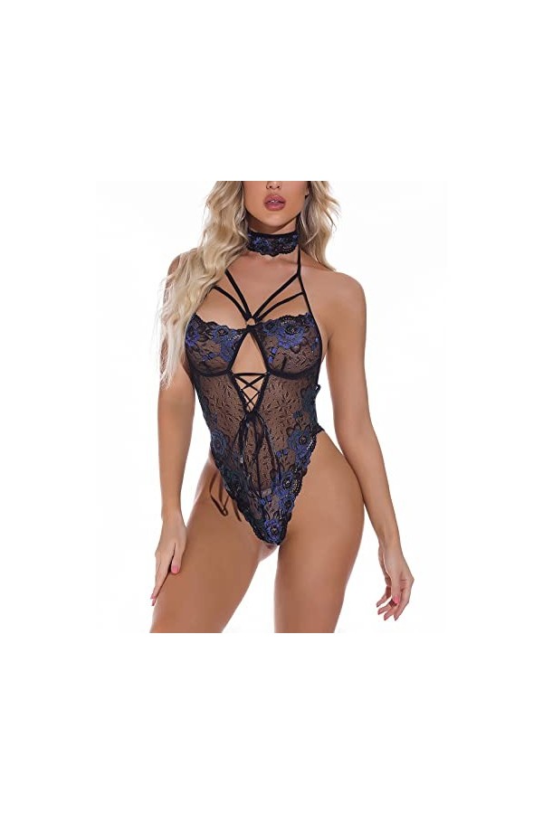 liaddkv Ensemble de lingerie sexy en dentelle florale avec jarretière en maille transparente et col en V pour femme, bleu, S