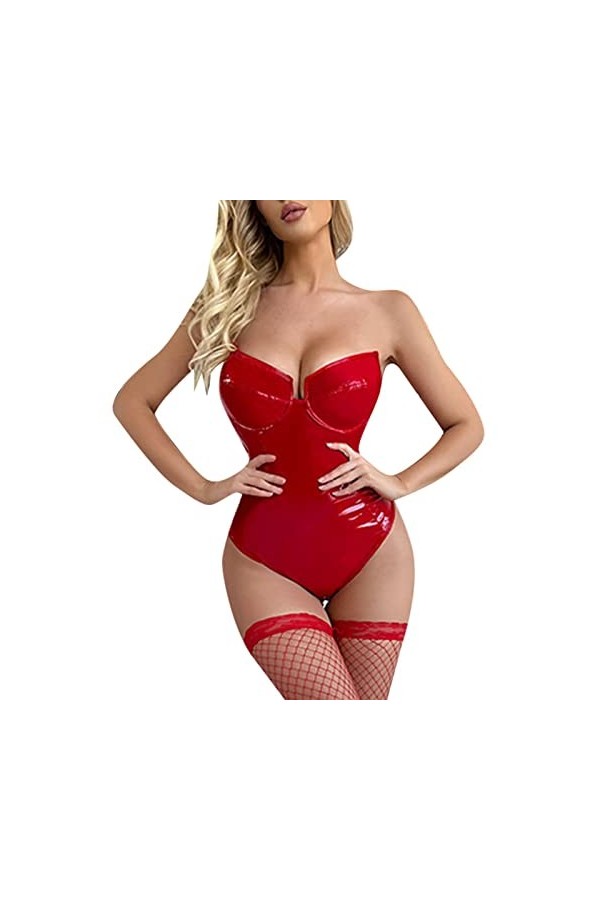 IQYU Préliminaires Lingerie Sexy Noir Rouge PU Bodysuit Femme Sexy Bodysuit Pyjamas Chaussettes Non Incluses Lingerie Sexy 