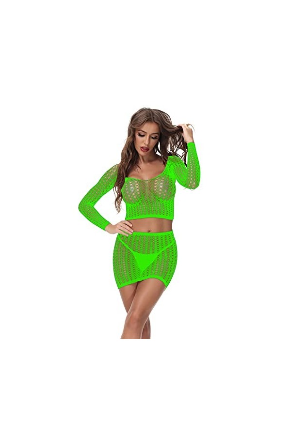 UOWEG Ensemble de sous-vêtements de Pyjamas Transparents pour Femmes en Maille avec Jupe Sexy Lingerie Originale Green, One 