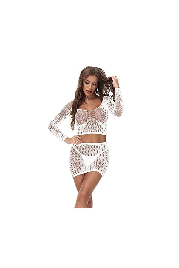 UOWEG Ensemble de sous-vêtements de Pyjamas Transparents pour Femmes en Maille avec Jupe Sexy Lingerie Originale White, One 