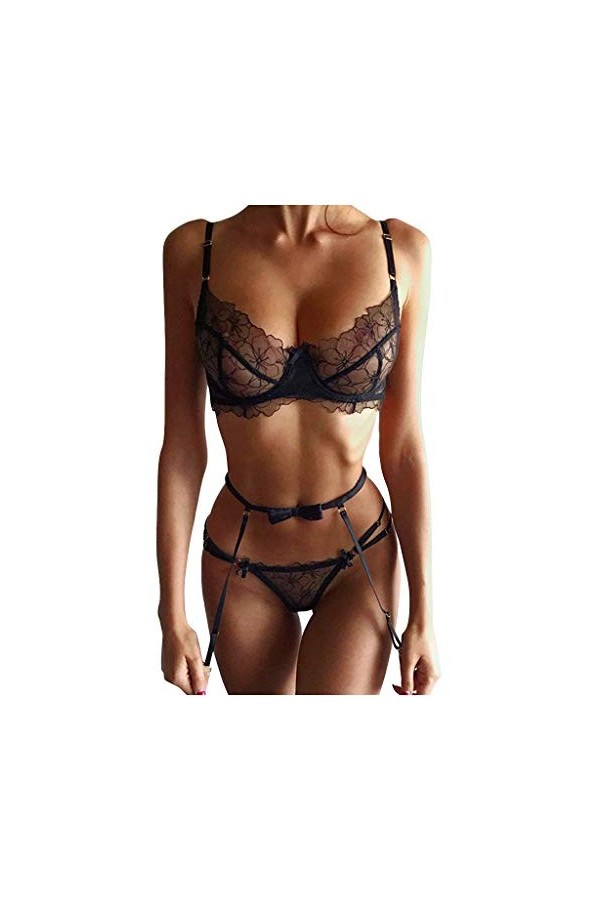 TDEOK Lingerie vernie pour femme - Collants - Top sous-vêtements en dentelle - Ensemble sexy pour femme, Noir , L