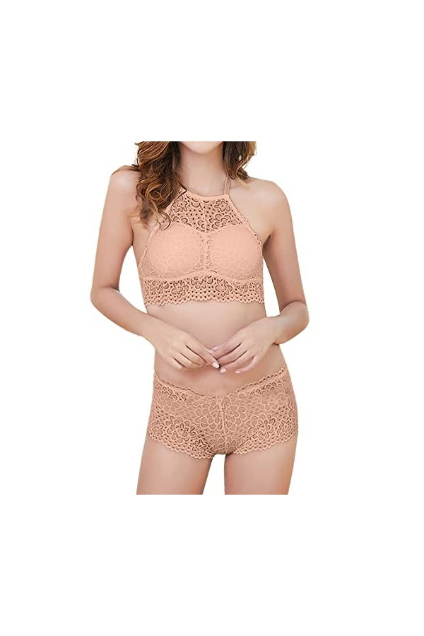 WhOpro Lingerie Lacets Confortable Coton Femmes Culotte Taille Moyenne-Fille Culotte Pyjama Lingerie, beige, taille unique