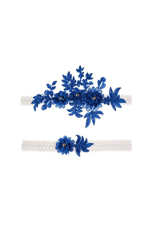 Amosfun Lot de 2 jarretelles de mariage en dentelle et strass - Pour demoiselle dhonneur - Décoration de mariage - Bleu fonc