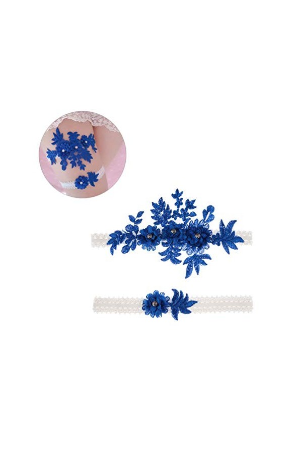 Amosfun Lot de 2 jarretelles de mariage en dentelle et strass - Pour demoiselle dhonneur - Décoration de mariage - Bleu fonc