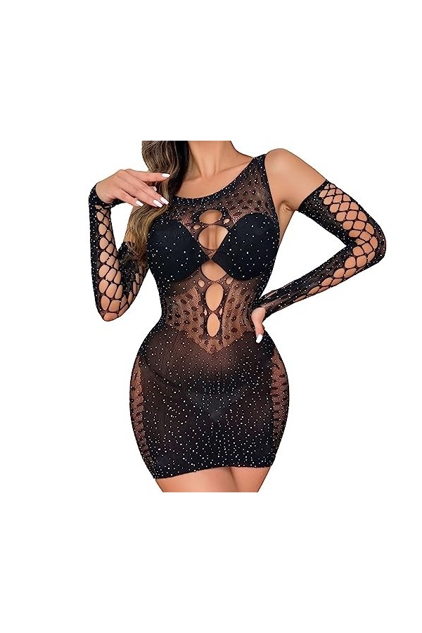 Lingerie Sexy Femme Grande Taille Brassière Robe en Maille à Manches Longues pour Femmes, Couleur Unie, Sexy, Chaud, sous-vêt
