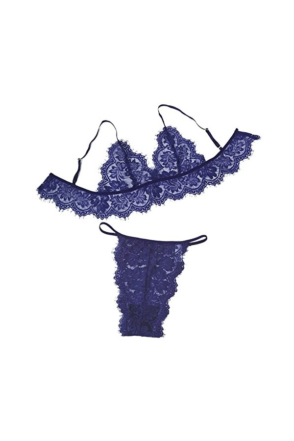 UOWEG Ensemble de Lingerie évidé en Dentelle à Trois Points pour Femmes String Ouvert Coquin Blue, S 