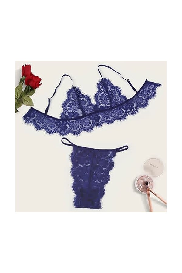 UOWEG Ensemble de Lingerie évidé en Dentelle à Trois Points pour Femmes String Ouvert Coquin Blue, S 