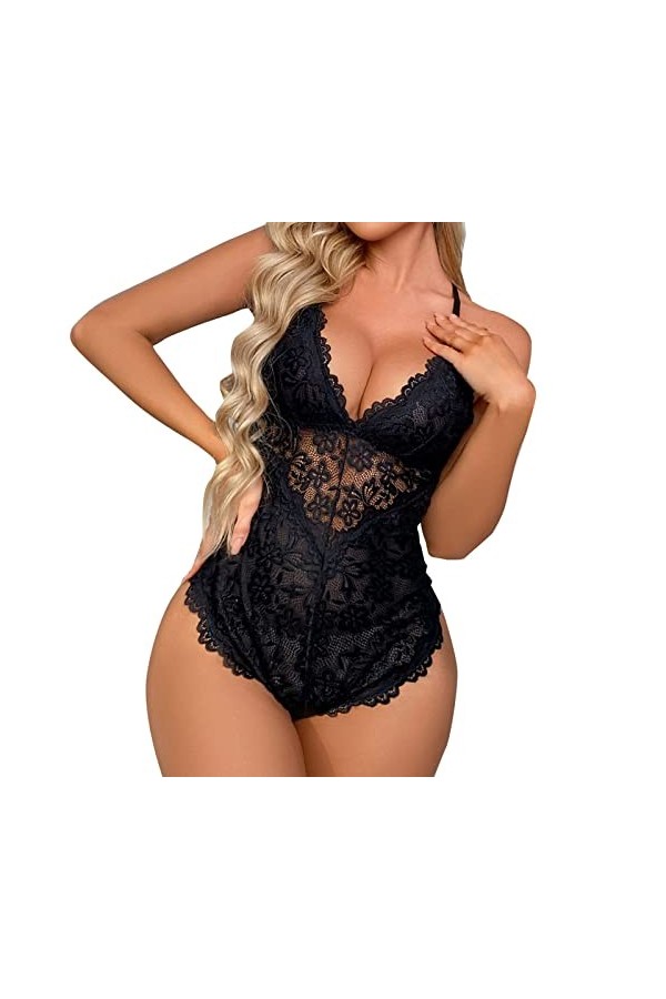 liaddkv Lingerie Sexy Femmes Dentelle Fleur Bodysuit Lingerie Deep V Sous-Vêtements Sexy Lingerie Chubby, Noir , S