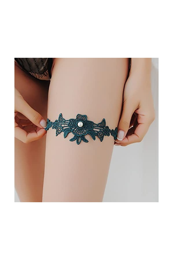 Sttiafay Jarretière en dentelle avec perles pour mariage, mariage, sexy, blanc, motif floral, élastique, accessoire de bal de