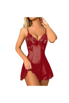 IKFIVQD Lingerie sexy en dentelle pour femme - Chemise de nuit en satin - Lingerie sexy - Nuisette complète - Robe de nuit se