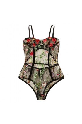 Jumpups Broderie Sous-vêtements creux pour femme Combinaison florale Backlo Lingerie sexy avec porte-jarretelles, Noir , L