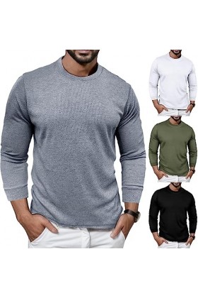 T-shirt à manches longues pour homme - Col rond - Coupe droite - Couleur unie - Décontracté - Sport - Fitness - T-shirt décon