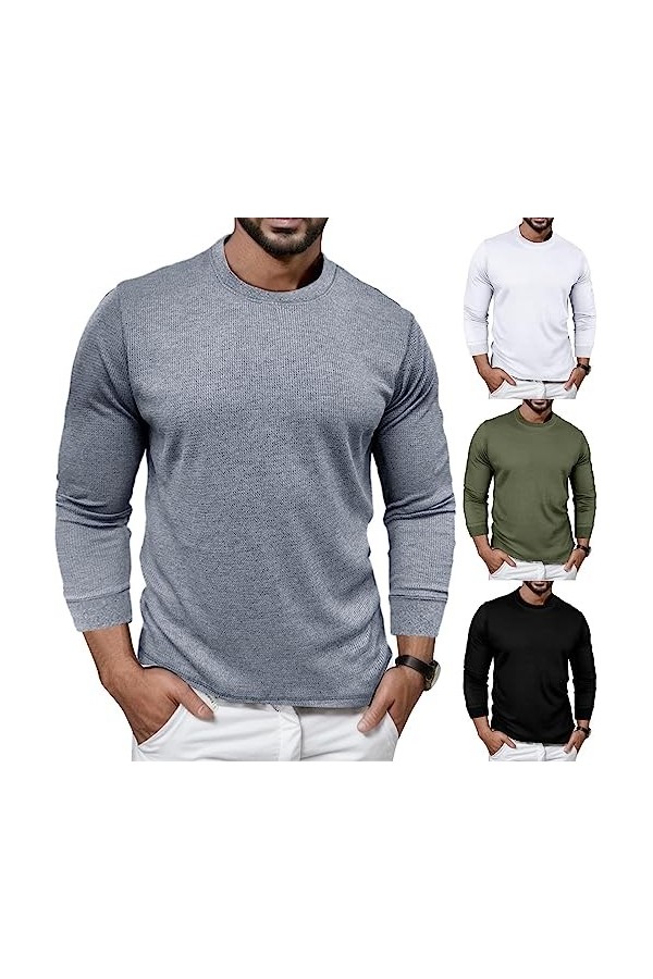 T-shirt à manches longues pour homme - Col rond - Coupe droite - Couleur unie - Décontracté - Sport - Fitness - T-shirt décon