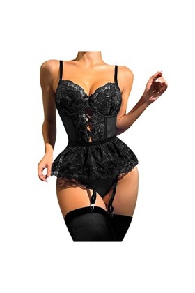 Ensemble de lingerie sexy pour femme avec soutien-gorge et culotte en dentelle, Noir , XL