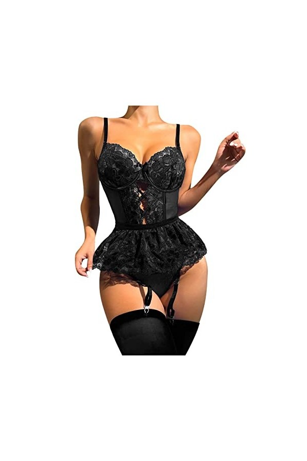 Ensemble de lingerie sexy pour femme avec soutien-gorge et culotte en dentelle, Noir , XL