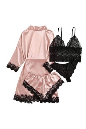 Ncenglings Peignoir Polaire Courte sous-vêtements en V Profond Body Robes Cou Sexy 4 pièces Jarretière Lingerie Femmes Dentel