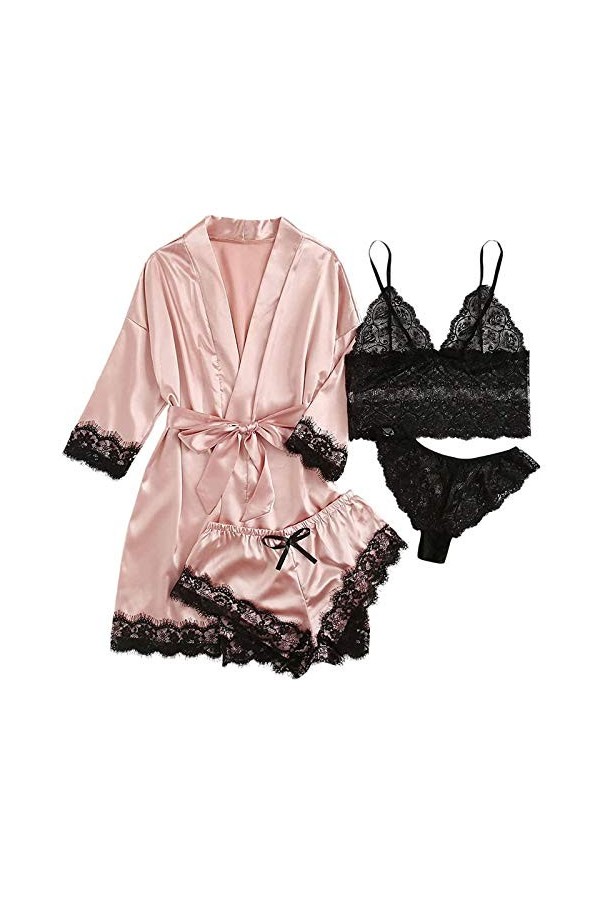 Ncenglings Peignoir Polaire Courte sous-vêtements en V Profond Body Robes Cou Sexy 4 pièces Jarretière Lingerie Femmes Dentel