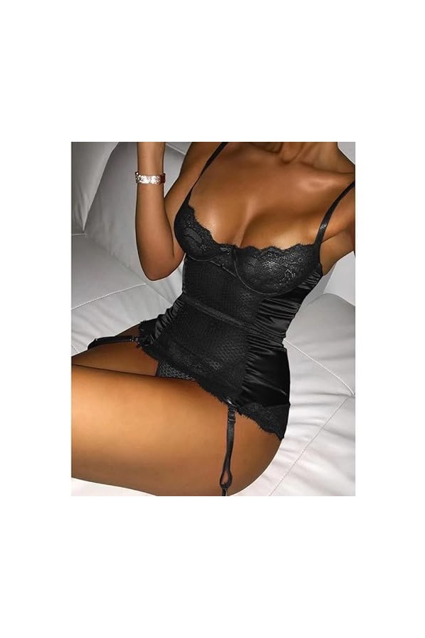 Sexy Desire Ensemble de lingerie sexy en dentelle à paillettes, Noir , M