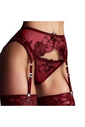 Porte-Jarretelles Sexy Dentelle Femme 4 Pinces Réglables String pour Bas,sous-Vêtements Bretelles Taille Haute Maille Transpa
