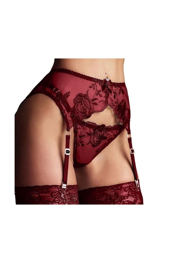 Porte-Jarretelles Sexy Dentelle Femme 4 Pinces Réglables String pour Bas,sous-Vêtements Bretelles Taille Haute Maille Transpa