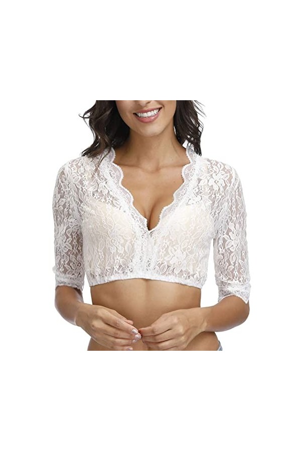 Lingerie sexy en dentelle pour femme - Col en V - Manches courtes - Transparent - Élégant - Chemisier traditionnel avec dente