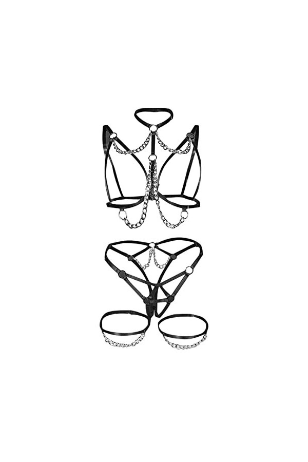 Vetements de Nuit Lingerie érotique Sexy Poitrine exposée Sangle métal chaîne jarretelle décorative Ensemble de Trois pièces 