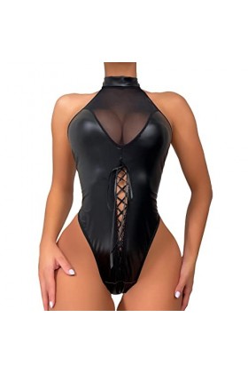 Générique Lingerie pour Femmes 1 PC Cuir Teddy Body Lingerie Sexy découpe épaules dénudées Joint PU à Lacets jarretière Teddy