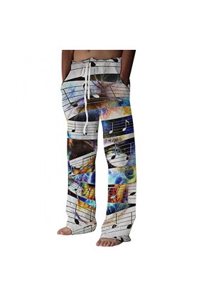 Pantalon en lin pour homme - Imprimé tête de mort - En coton - Style décontracté - Blanc - Coupe ample, a noir, L