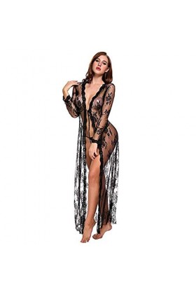 Trydoit Corps Sexy Aux Femmes Lingerie Longue Robe Dentelle La Perspective Tenue De Soirée Kimono Peignoir