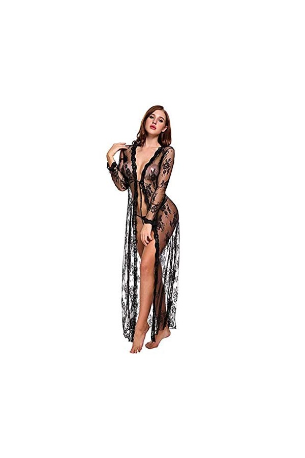 Trydoit Corps Sexy Aux Femmes Lingerie Longue Robe Dentelle La Perspective Tenue De Soirée Kimono Peignoir