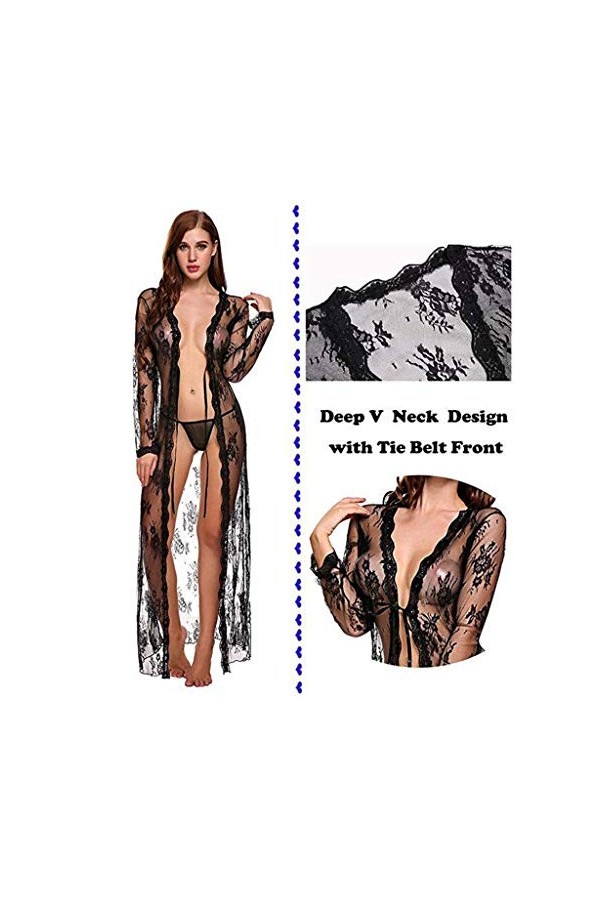Trydoit Corps Sexy Aux Femmes Lingerie Longue Robe Dentelle La Perspective Tenue De Soirée Kimono Peignoir