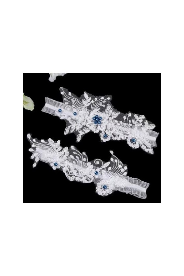 Ensemble de jarretelles de mariage en dentelle et perles élastiques avec fleur et anneau de cuisse avec nœud porte-jarretelle