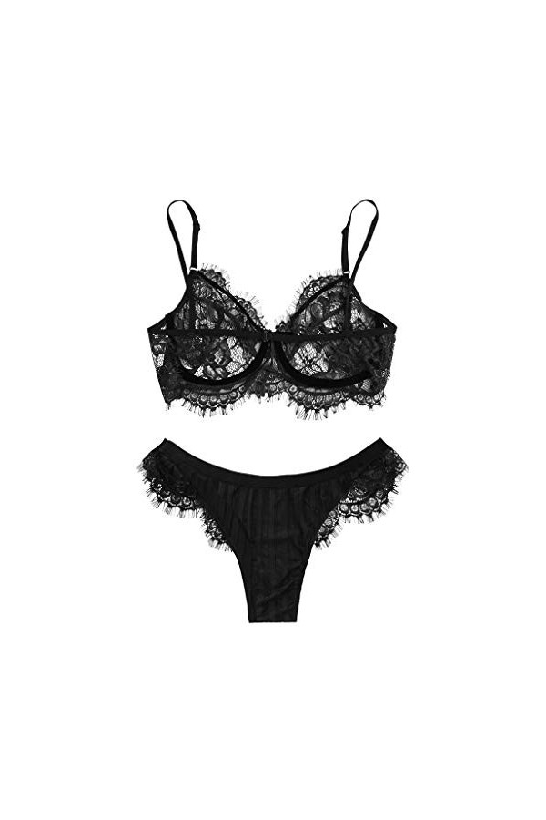 UOWEG Dentelle Lingerie Soutien-Gorge sans Fil Femmes sous-vêtements vêtements de Nuit String évider String Sexy Black, M 