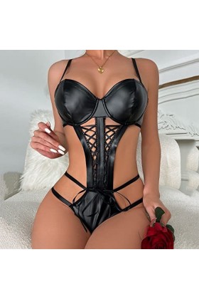 WhOpro Sexy Robe Lingerie Lingerie Femme 1PC Teddy Bodysuit Lingerie Sexy Col Épaule Nu Lié Jarretière PU Lacets Teddy Body R