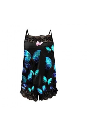 Lengire Ensemble pyjama sexy sans manches en dentelle pour femme, Noir , XXL