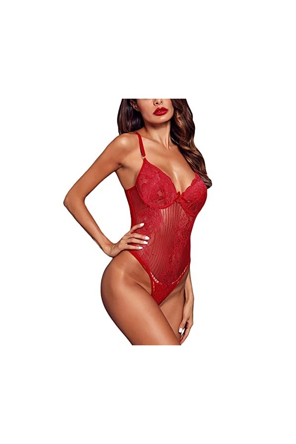 UOWEG High Cut Halter Deep V Neck Lingerie Body en Dentelle Florale Teddy See Through Sexy Lingerie Dentelle Sexy Homme Red,