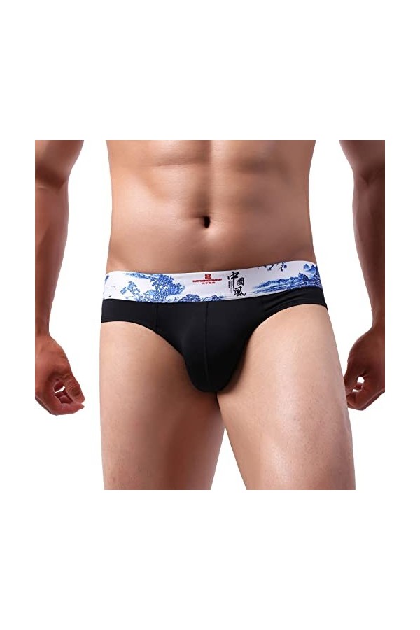 Tangas Homme en Nylon Soyeux Bleu et Blanc Style Lapin Sous-Vêtements Homme, Noir , M