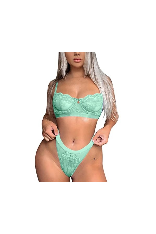 liaddkv Soutien-gorge et culotte en dentelle pour femme - Ensemble de lingerie sexy en résille, vert, M